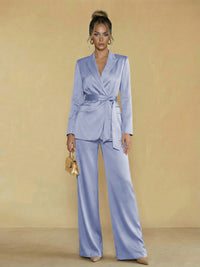 Two-Piece Satin Long Sleeve Pantsuits with Belt Women Formal Gowns