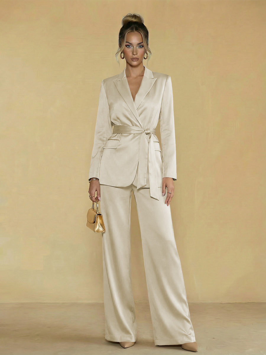 Two-Piece Satin Long Sleeve Pantsuits with Belt Women Formal Gowns