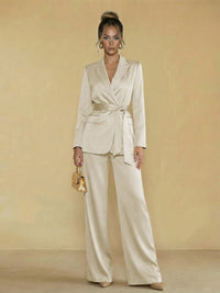 Two-Piece Satin Long Sleeve Pantsuits with Belt Women Formal Gowns