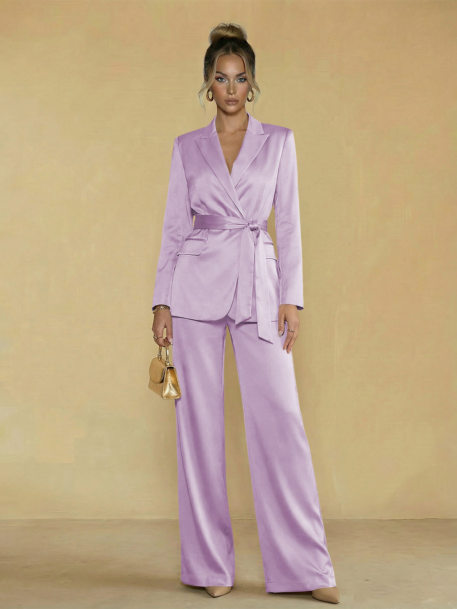 Two-Piece Satin Long Sleeve Pantsuits with Belt Women Formal Gowns