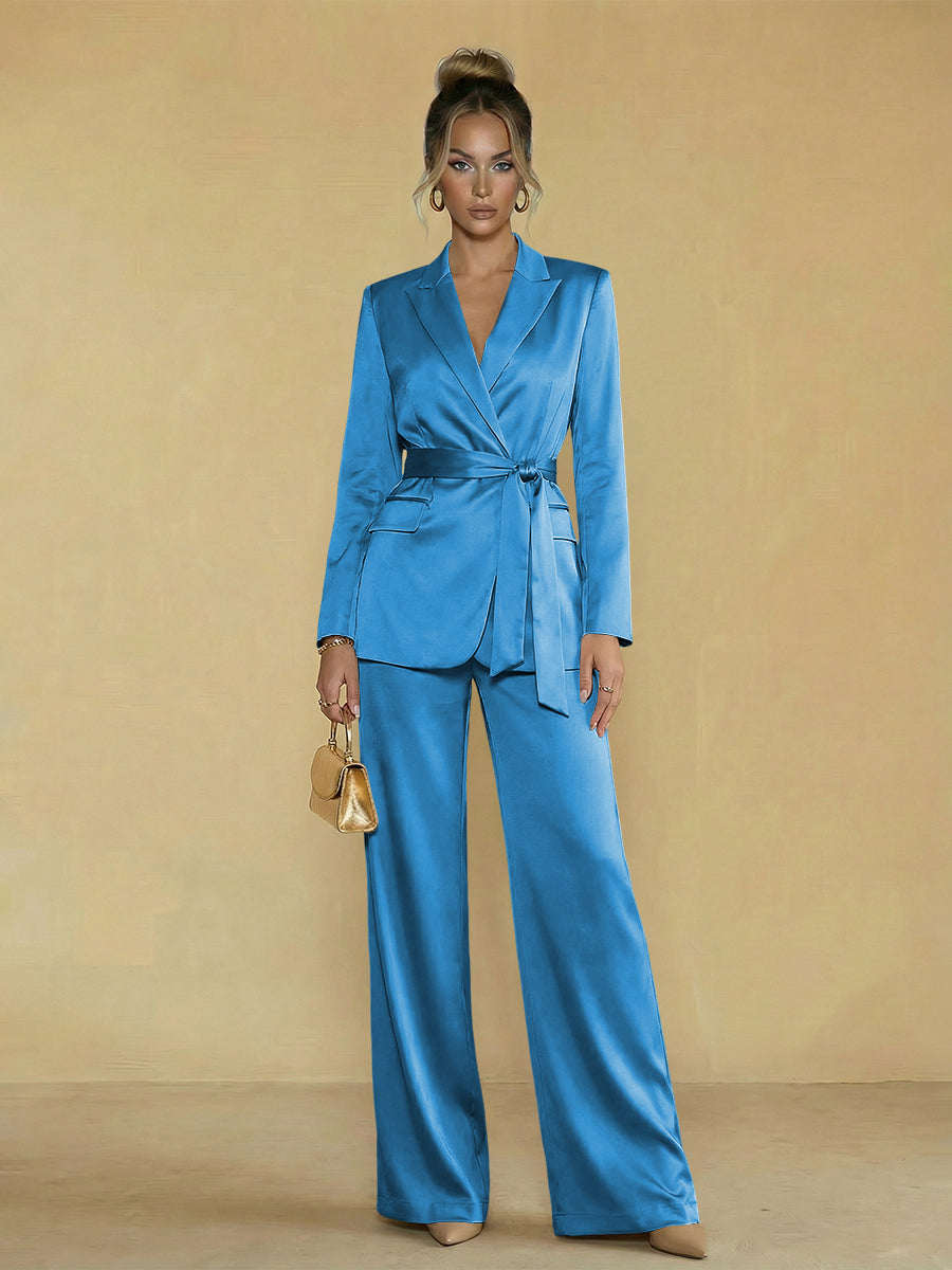Two-Piece Satin Long Sleeve Pantsuits with Belt Women Formal Gowns
