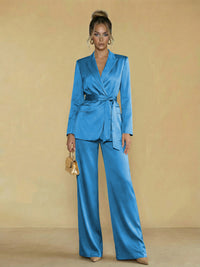 Two-Piece Satin Long Sleeve Pantsuits with Belt Women Formal Gowns