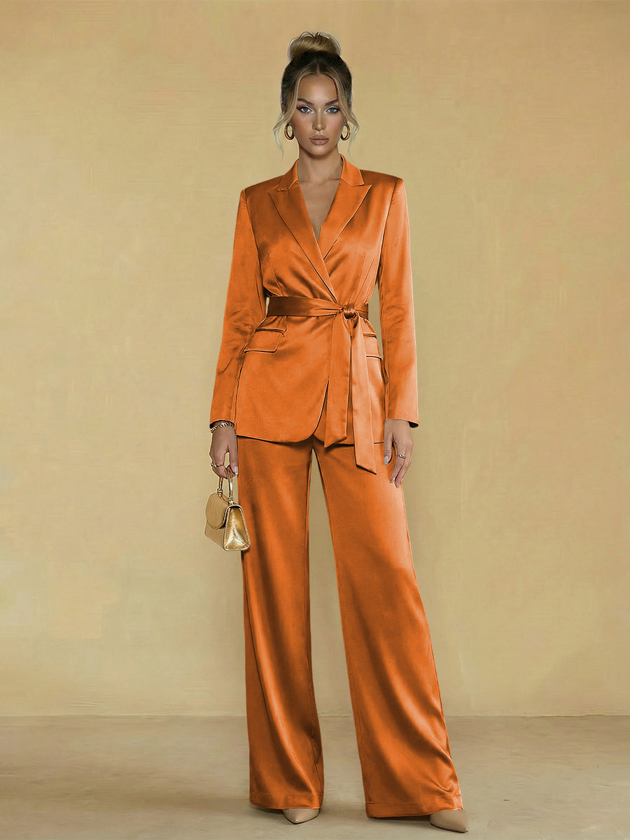 Two-Piece Satin Long Sleeve Pantsuits with Belt Women Formal Gowns