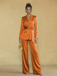 Two-Piece Satin Long Sleeve Pantsuits with Belt Women Formal Gowns