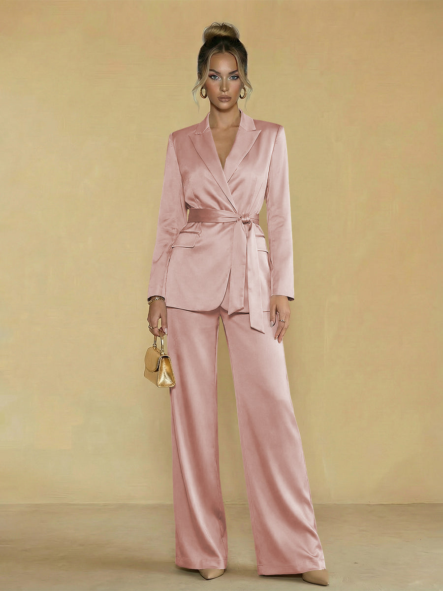 Two-Piece Satin Long Sleeve Pantsuits with Belt Women Formal Gowns