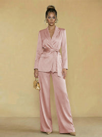Two-Piece Satin Long Sleeve Pantsuits with Belt Women Formal Gowns