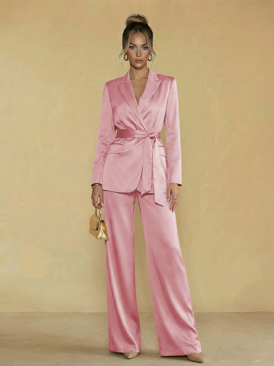 Two-Piece Satin Long Sleeve Pantsuits with Belt Women Formal Gowns