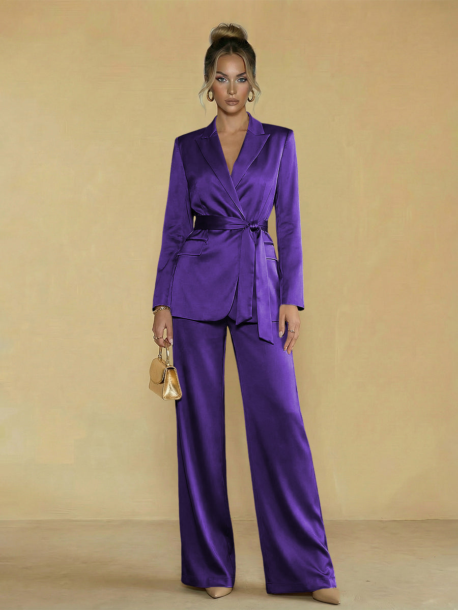Two-Piece Satin Long Sleeve Pantsuits with Belt Women Formal Gowns