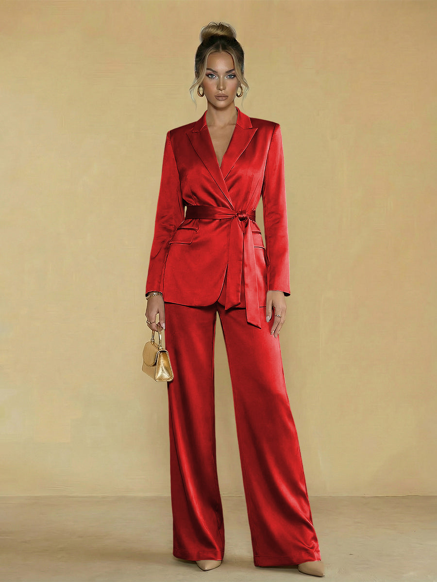 Two-Piece Satin Long Sleeve Pantsuits with Belt Women Formal Gowns