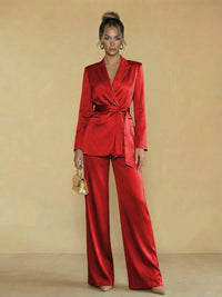 Two-Piece Satin Long Sleeve Pantsuits with Belt Women Formal Gowns