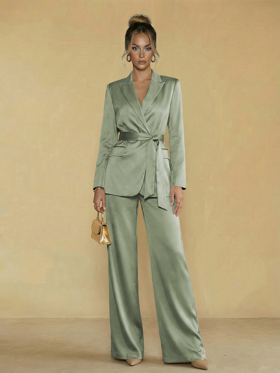 Two-Piece Satin Long Sleeve Pantsuits with Belt Women Formal Gowns