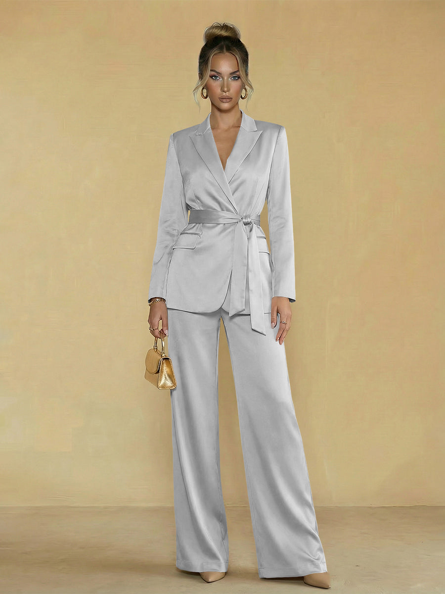 Two-Piece Satin Long Sleeve Pantsuits with Belt Women Formal Gowns