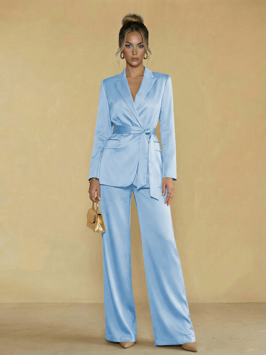 Two-Piece Satin Long Sleeve Pantsuits with Belt Women Formal Gowns