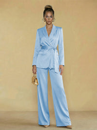 Two-Piece Satin Long Sleeve Pantsuits with Belt Women Formal Gowns