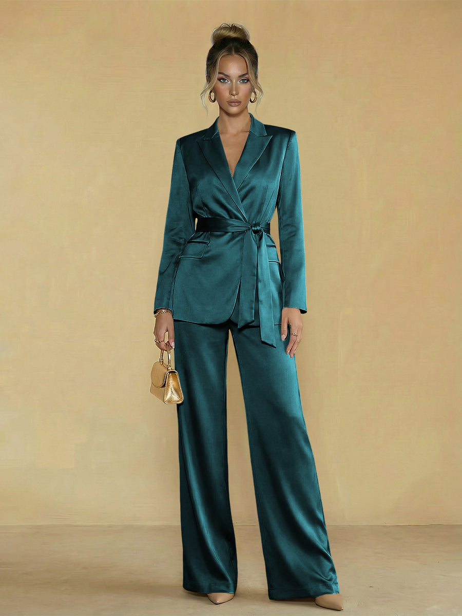Two-Piece Satin Long Sleeve Pantsuits with Belt Women Formal Gowns