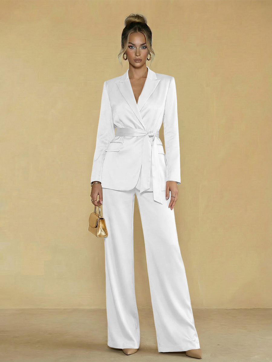 Two-Piece Satin Long Sleeve Pantsuits with Belt Women Formal Gowns