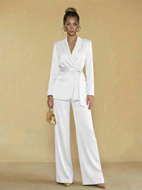 Two-Piece Satin Long Sleeve Pantsuits with Belt Women Formal Gowns