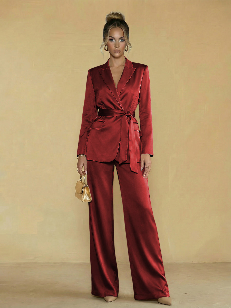 Two-Piece Satin Long Sleeve Pantsuits with Belt Women Formal Gowns