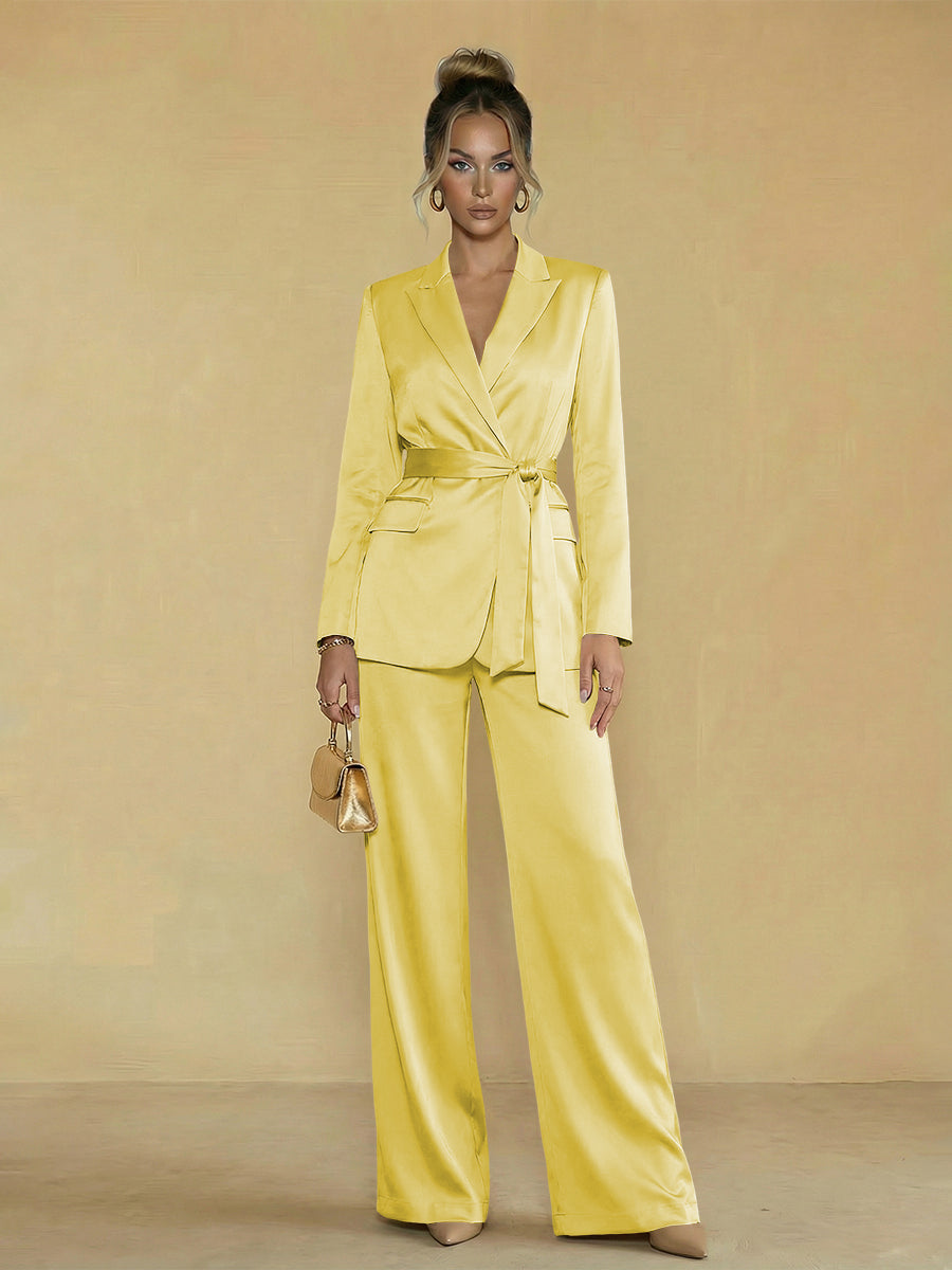 Two-Piece Satin Long Sleeve Pantsuits with Belt Women Formal Gowns