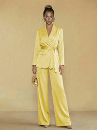 Two-Piece Satin Long Sleeve Pantsuits with Belt Women Formal Gowns