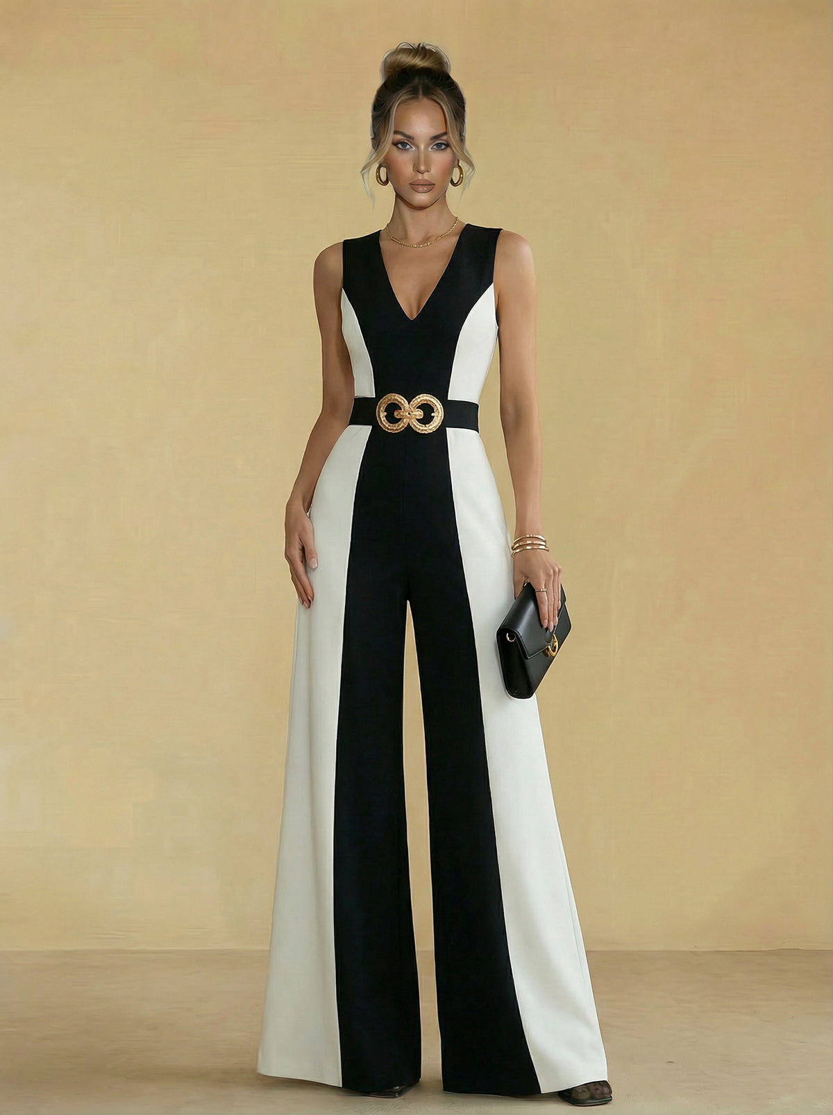 Satin Mixed V-Neck Jumpsuits with Belt Women Formal Gowns