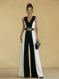 Satin Mixed V-Neck Jumpsuits with Belt Women Formal Gowns
