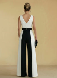 Satin Mixed V-Neck Jumpsuits with Belt Women Formal Gowns