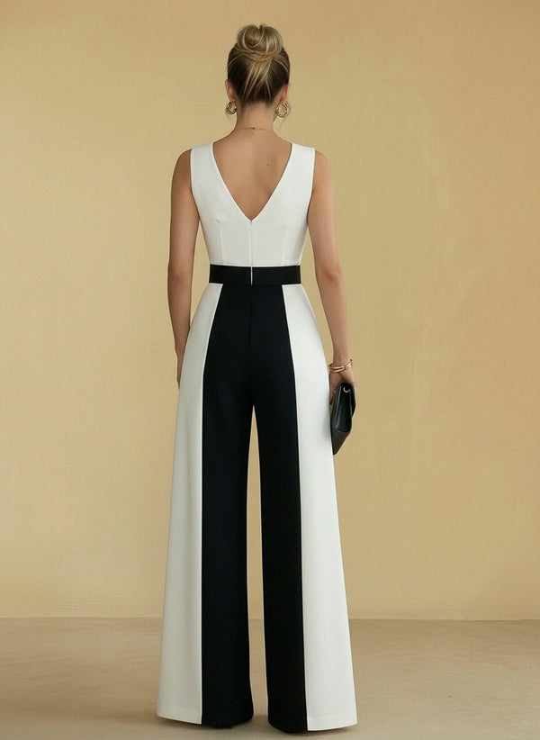 Satin Mixed V-Neck Jumpsuits with Belt Women Formal Gowns