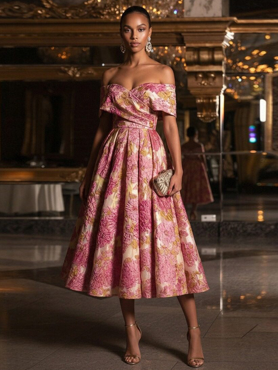 Sweetheart Off-Shoulder Jacquard A-Line Tea Length Evening Gowns