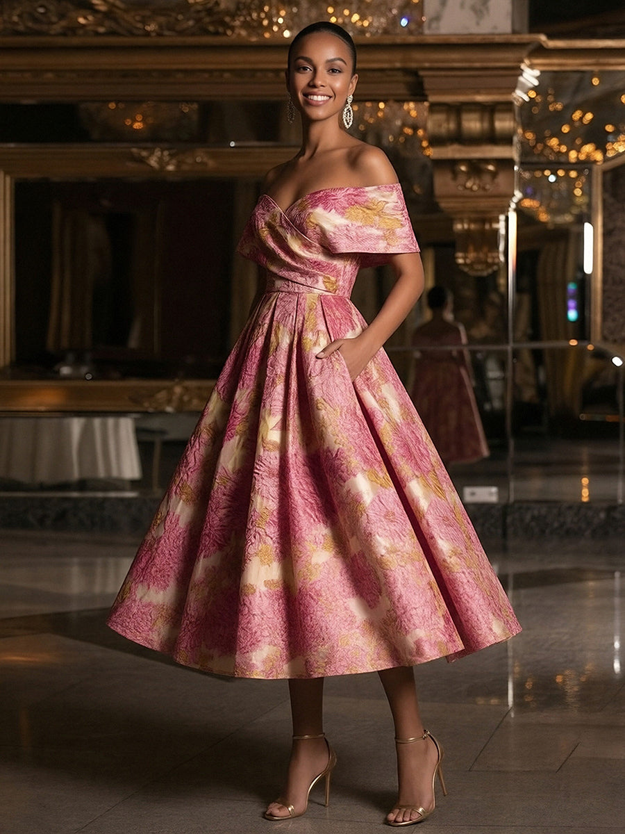 Sweetheart Off-Shoulder Jacquard A-Line Tea Length Evening Gowns