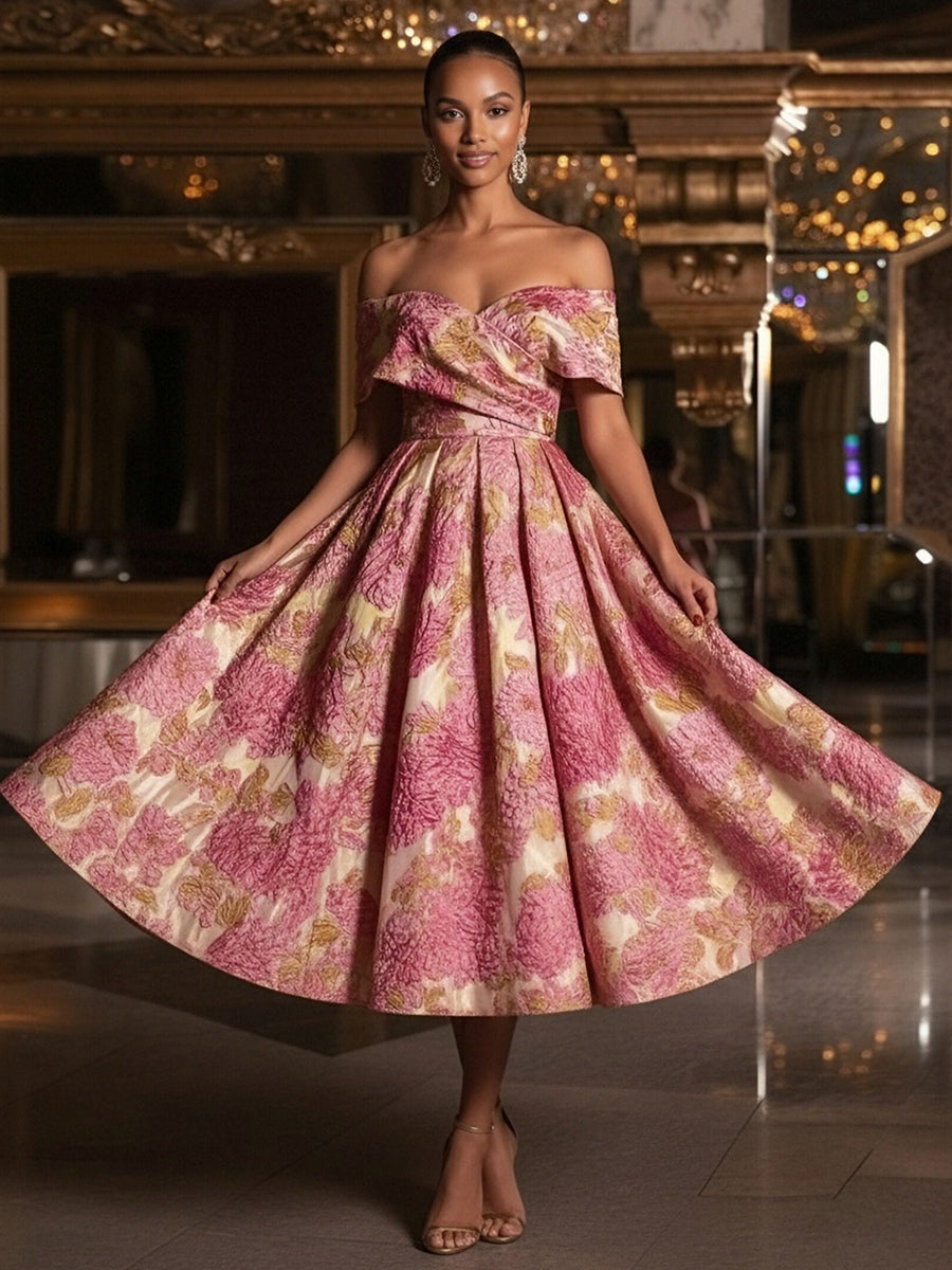 Sweetheart Off-Shoulder Jacquard A-Line Tea Length Evening Gowns