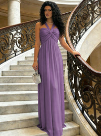 A-Line Halter Ruched Corset Chiffon Floor-Length Formal Dresses