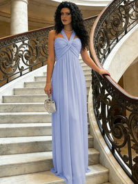 A-Line Halter Ruched Corset Chiffon Floor-Length Formal Dresses