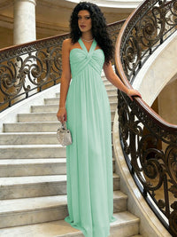 A-Line Halter Ruched Corset Chiffon Floor-Length Formal Dresses