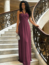 A-Line Halter Ruched Corset Chiffon Floor-Length Formal Dresses