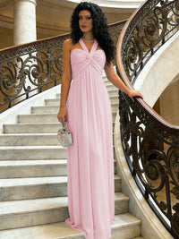 A-Line Halter Ruched Corset Chiffon Floor-Length Formal Dresses