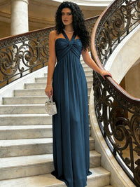 A-Line Halter Ruched Corset Chiffon Floor-Length Formal Dresses