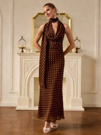 Mermaid Halter Cowl Neck Polka Dot Maxi Formal Dresses with Scarf