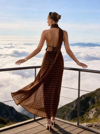 Mermaid Halter Cowl Neck Polka Dot Maxi Formal Dresses with Scarf