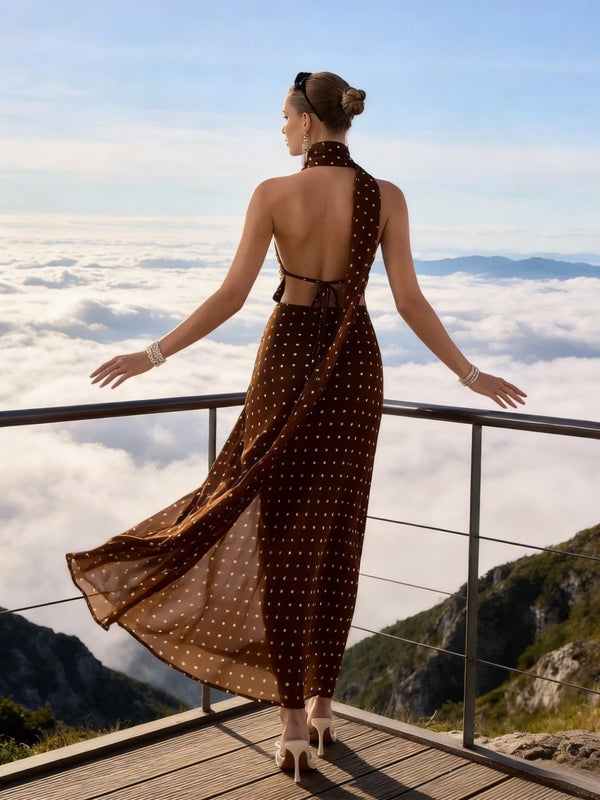 Mermaid Halter Cowl Neck Polka Dot Maxi Formal Dresses with Scarf