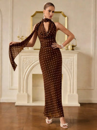 Mermaid Halter Cowl Neck Polka Dot Maxi Formal Dresses with Scarf