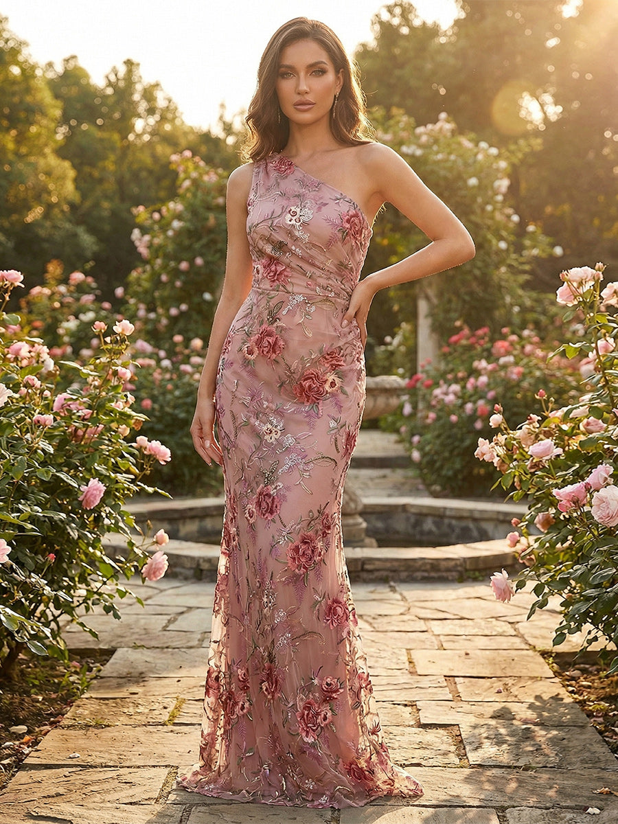Sheath Tulle One Shoulder Floor-Length Evening Dresses with 3D Floral Appliques & Lace Embroidery