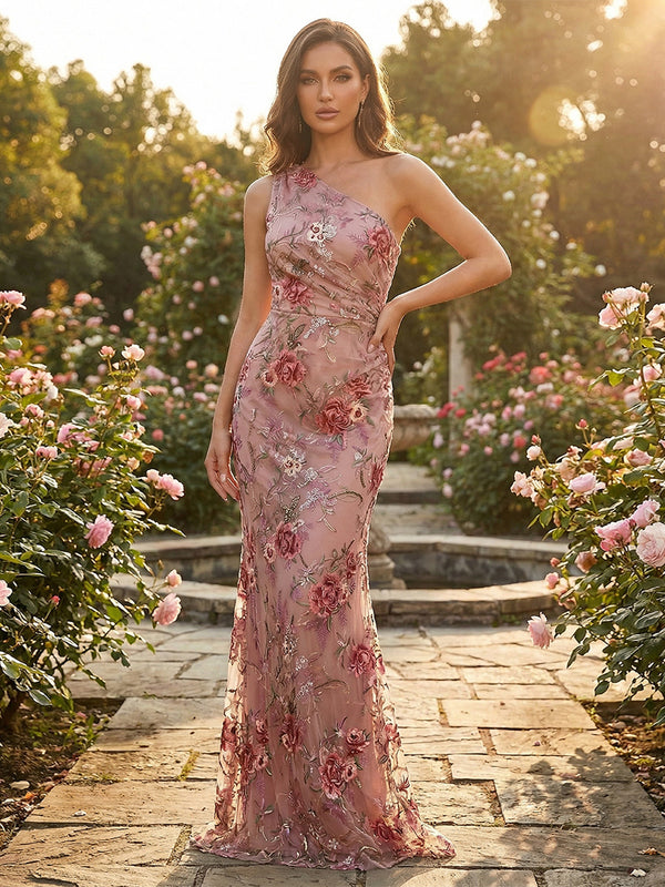 Sheath Tulle One Shoulder Floor-Length Evening Dresses with 3D Floral Appliques & Lace Embroidery