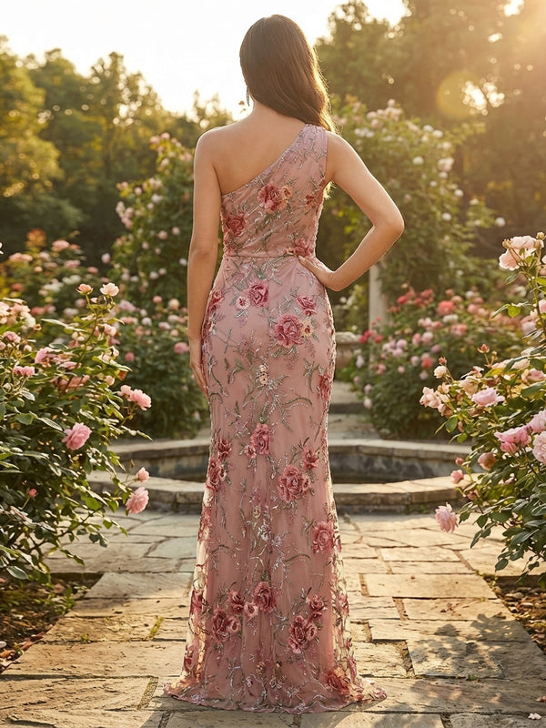 Sheath Tulle One Shoulder Floor-Length Evening Dresses with 3D Floral Appliques & Lace Embroidery