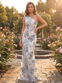 Sheath Tulle One Shoulder Floor-Length Evening Dresses with 3D Floral Appliques & Lace Embroidery