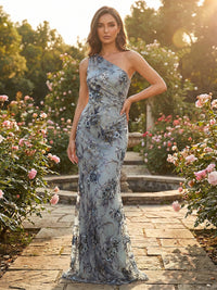 Sheath Tulle One Shoulder Floor-Length Evening Dresses with 3D Floral Appliques & Lace Embroidery