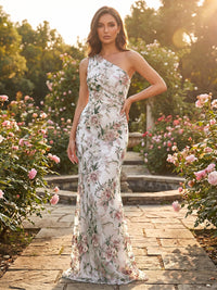 Sheath Tulle One Shoulder Floor-Length Evening Dresses with 3D Floral Appliques & Lace Embroidery