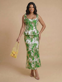 2-Piece Sheath Floral Jacquard Tea-Length Formal Dresses with Peplum Waist & Tie Straps