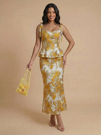 2-Piece Sheath Floral Jacquard Tea-Length Formal Dresses with Peplum Waist & Tie Straps
