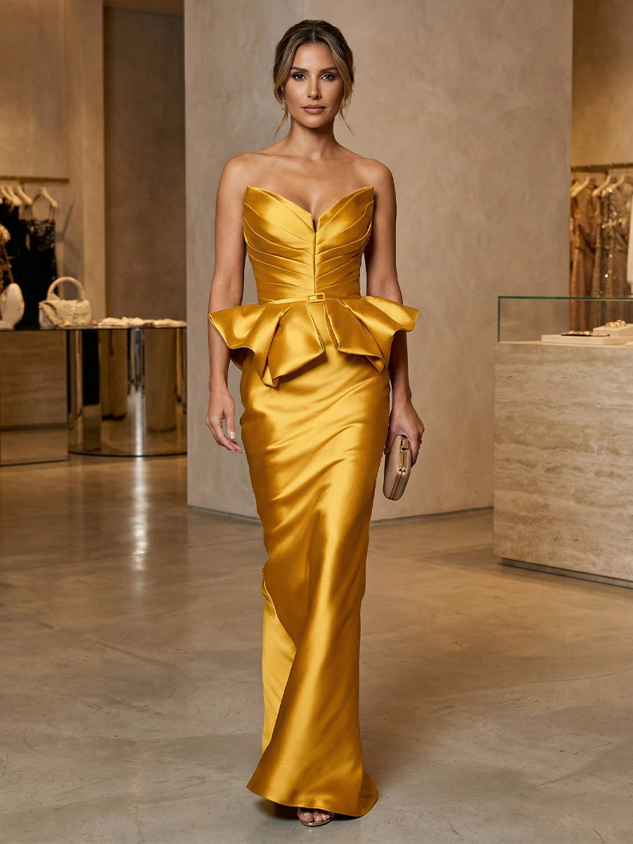 Mermaid/Trumpet Satin Strapless Sweetheart Floor-Length Formal Dresses with Ruched Peplum Waist